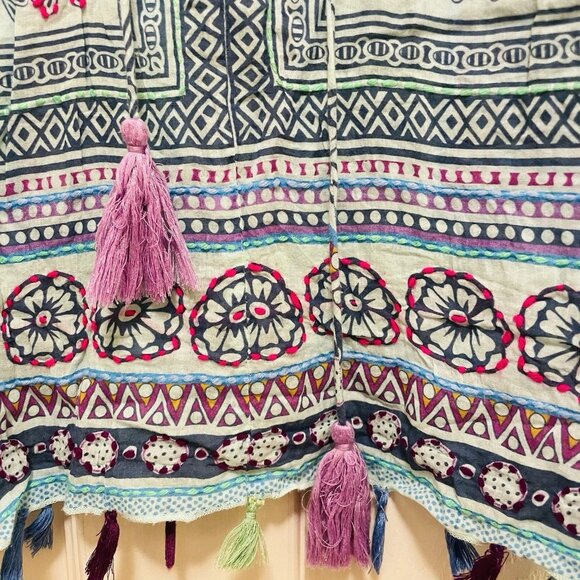 KALYPSO 7 Blue and Purple Boho Embroidered Tasseled Shirt Sz S - Picture 6 of 8